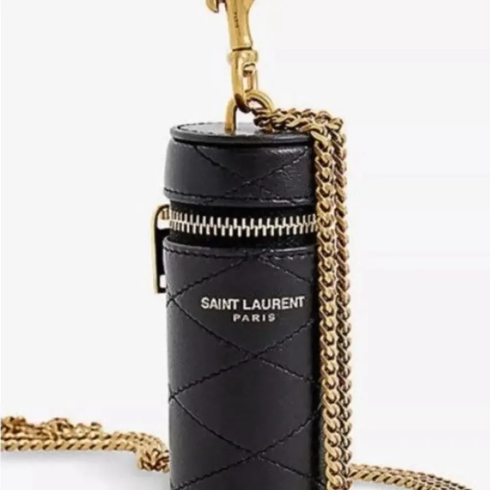 NWT Saint Laurent Black Quilted Leather Keychain Holder/ necklace  lipstick bag - Picture 2 of 4